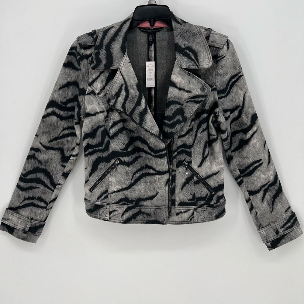 White House Black Market Jacket Womens Size 14 Black & Gray Zebra Print Moto NWT - Picture 1 of 16